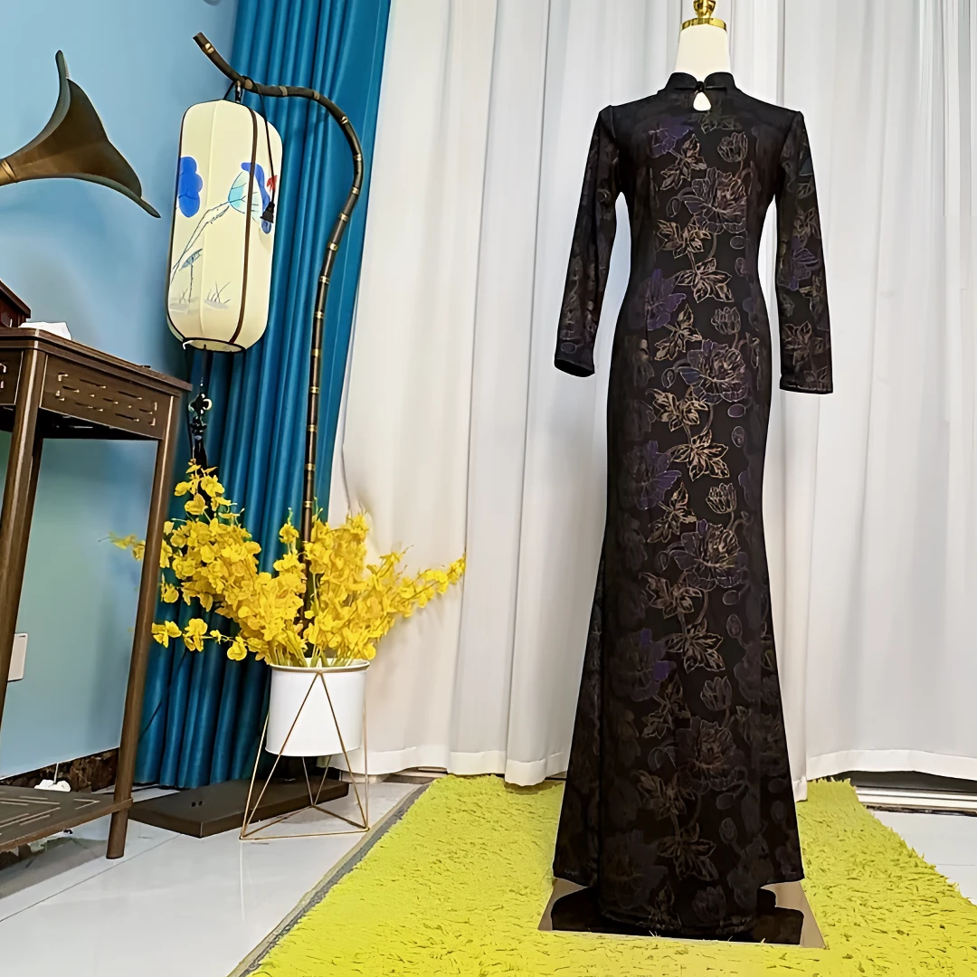 编码50  碧朗福女士日常春秋时尚气质复古印花长袖鱼尾裙