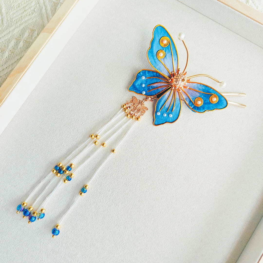 手工掐丝绒花蝴蝶发钗古风步摇发簪明制复古流苏发饰头饰