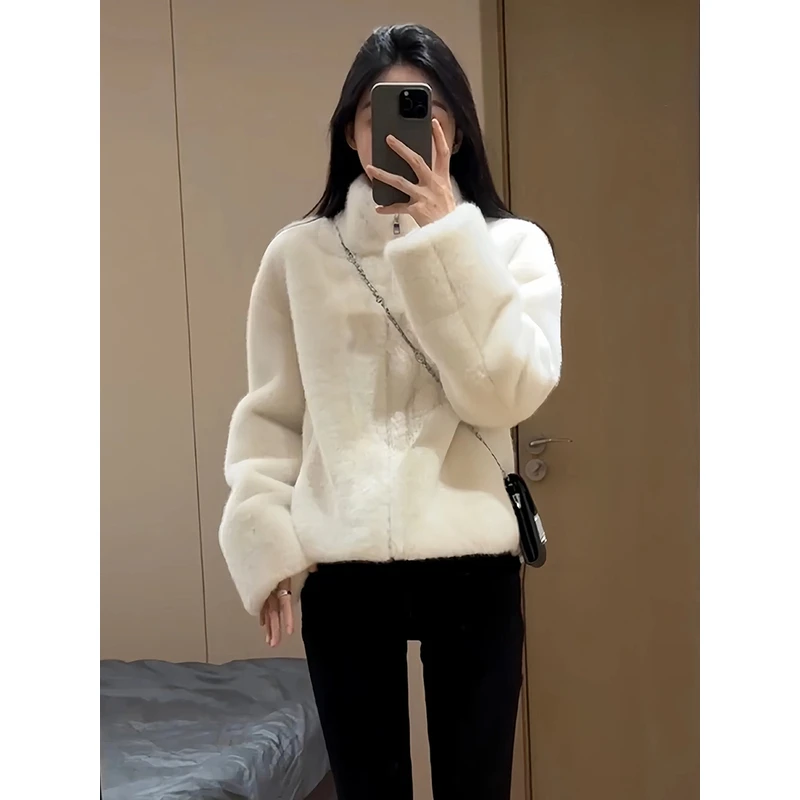 2024冬季小个子立领毛毛绒短款环保时尚气质毛毛外套女