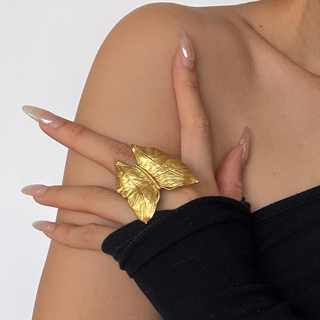 铜合金戒指 欧美复古vintage高级感夸张个性时尚黄铜蝴蝶戒指