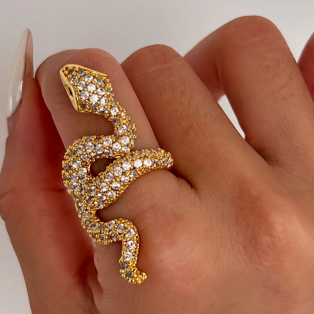 铜合金锆石戒指 欧美时尚精致金色满锆灵蛇戒指女款闭口百搭戒指