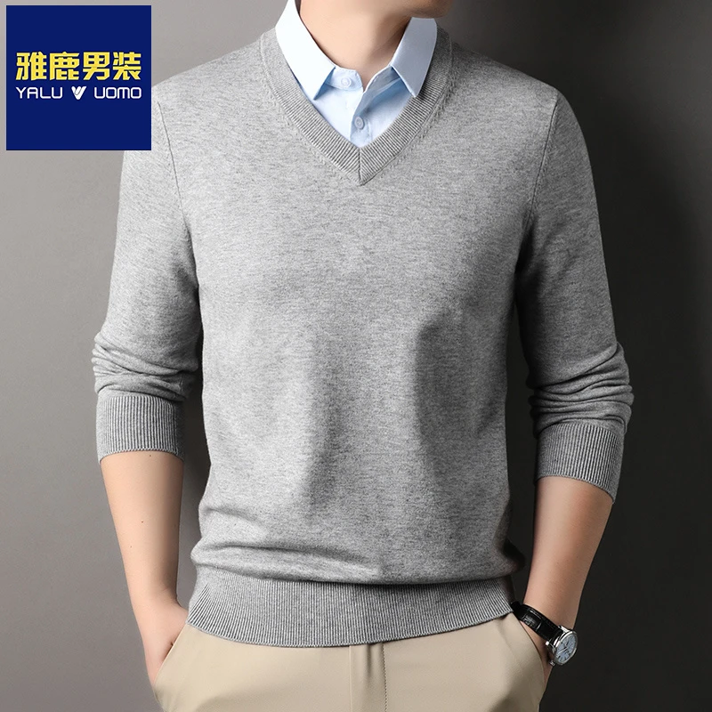 雅鹿男装秋冬季针织衫男士假两件套打底衫上衣潮流韩版衬衫领毛衣