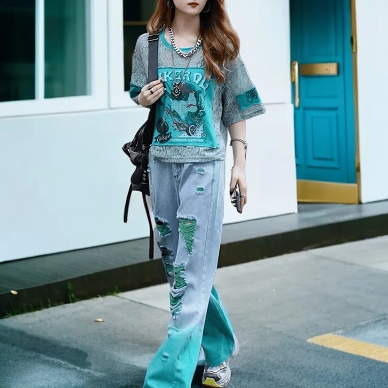 2024夏季直筒高腰牛仔裤宽松破洞重工国潮街头韩版休闲裤洋气时尚