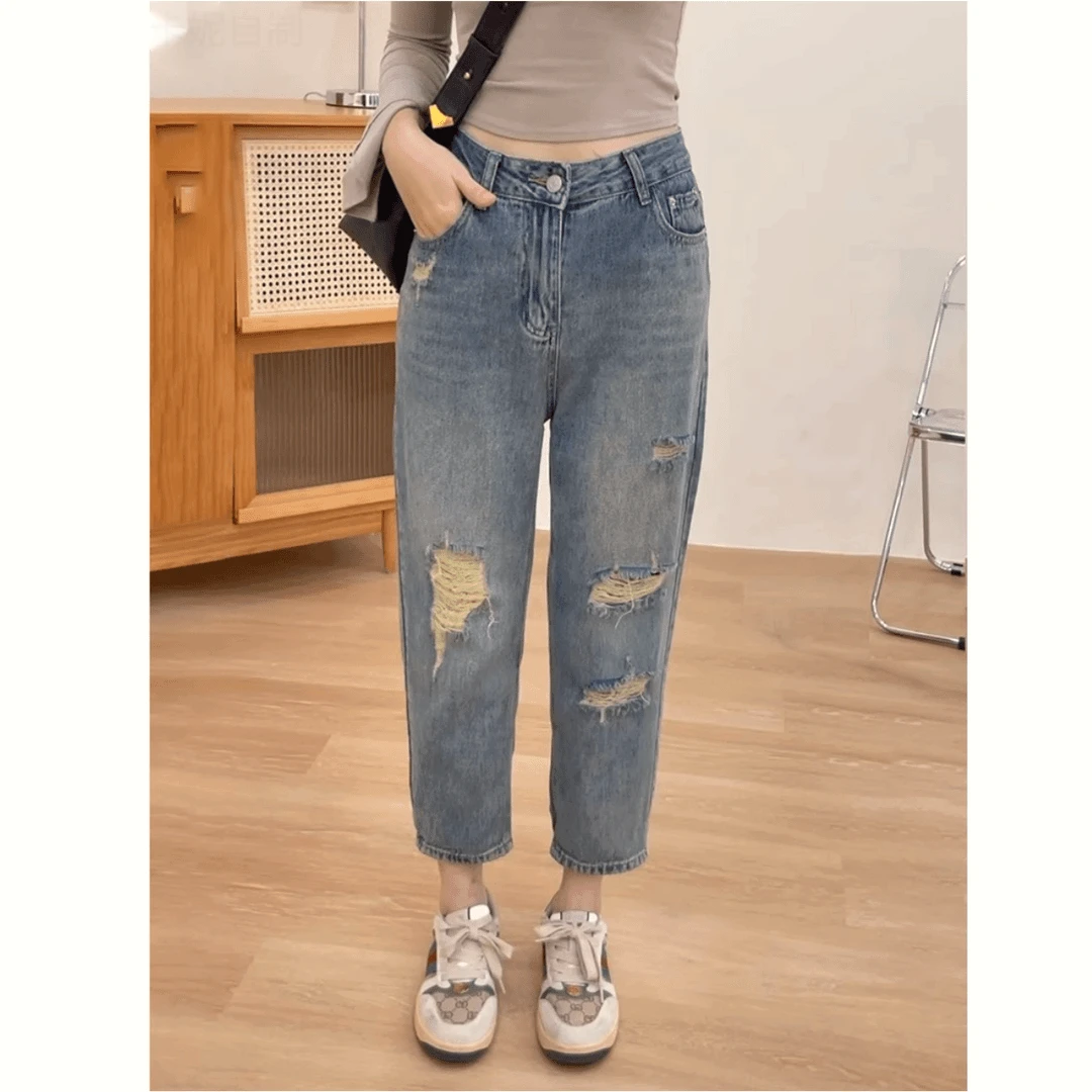 夏季薄款大码女款九分直筒宽松牛仔裤高腰弹力直筒显瘦破洞老爹裤