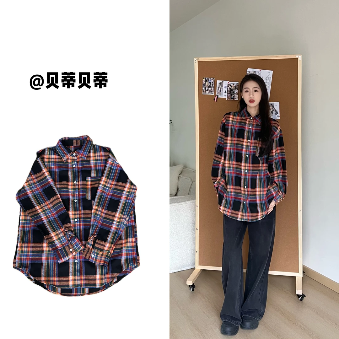 复古撞色设计感格纹衬衫秋冬季港风休闲日常小众宽松显瘦衬衣外套