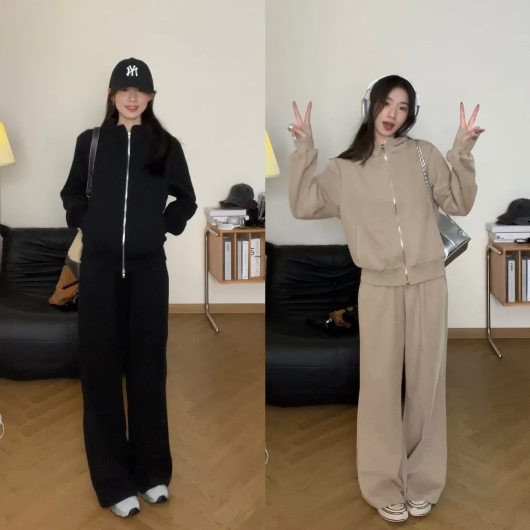 秋冬休闲运动套装韩版显瘦拉链小高领连帽卫衣外套阔腿卫裤两件套
