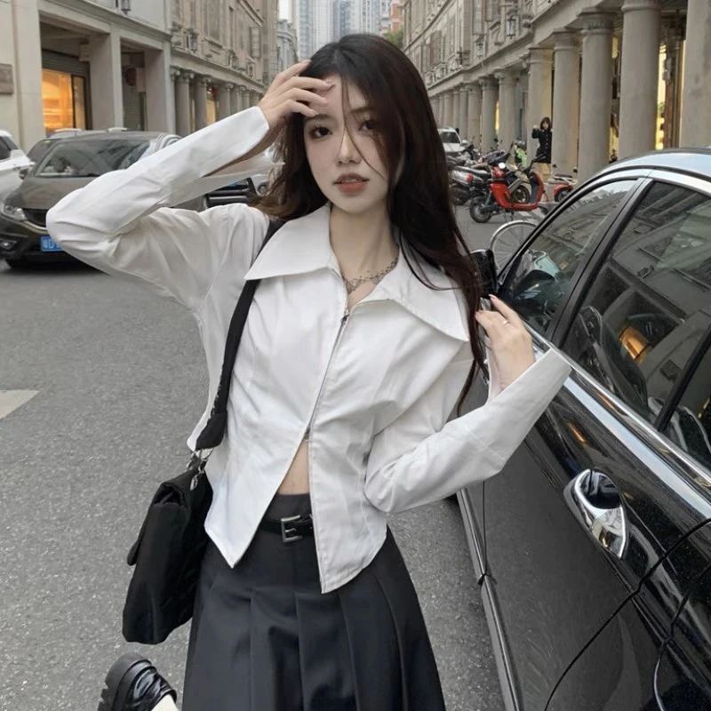 法式高级感白色衬衫女春夏新款防晒开衫不规则修身双拉链衬衫