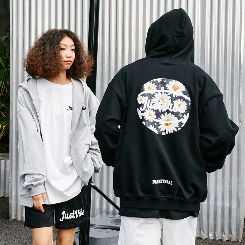 JUST VIBE 秋季原创美式街头运动篮球花雏菊印花连帽开衫情侣卫衣
