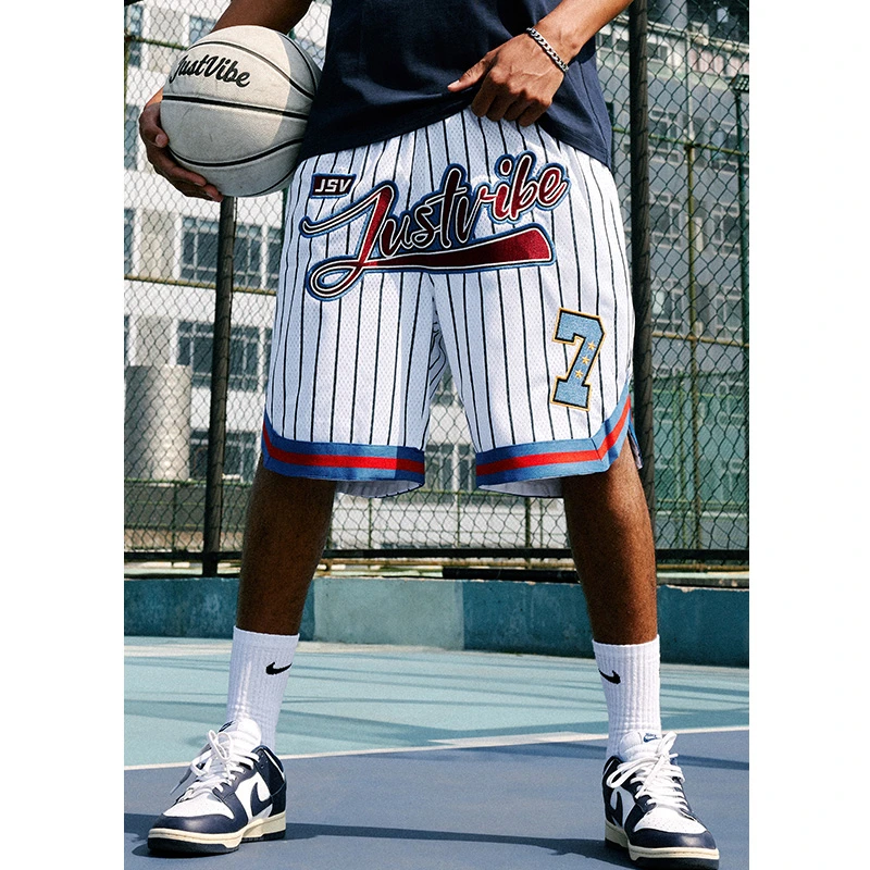 JUST VIBE美式7号复古海军蓝条纹短裤宽松网眼透气篮球四分裤