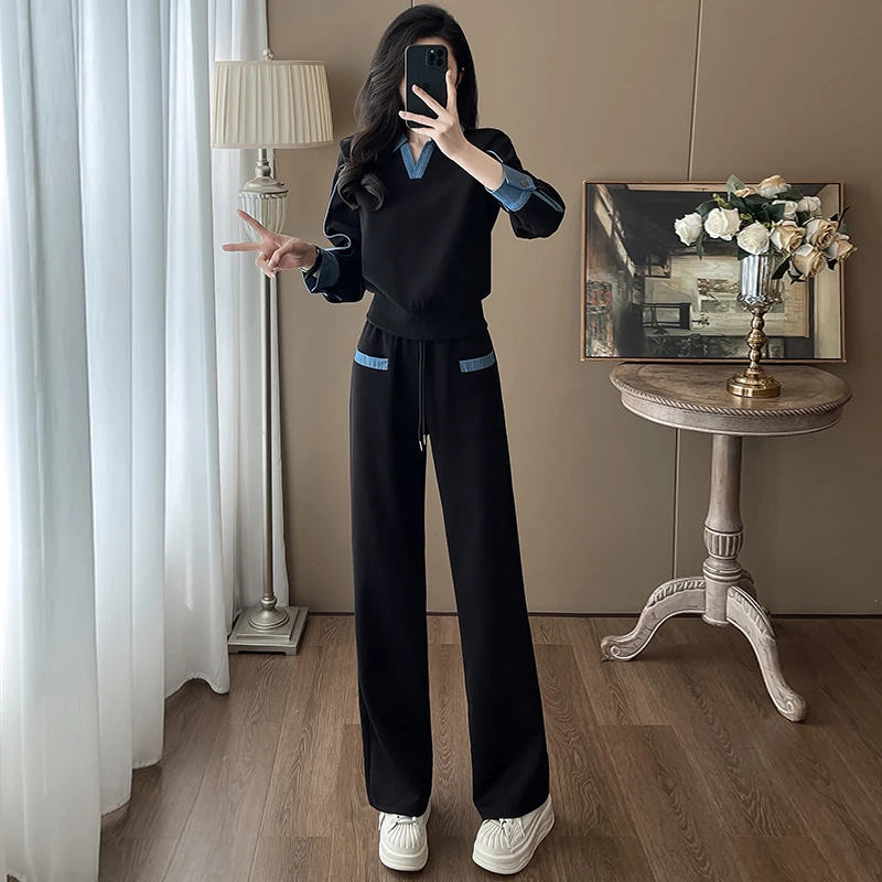 2025年秋季欧货黑色休闲运动套装女洋气显瘦长袖卫衣阔腿裤两件套