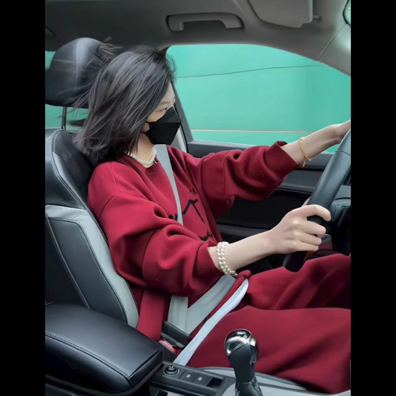 喜庆穿搭套装女款2025春秋新款大红色宽松长袖加厚卫衣两件套女装