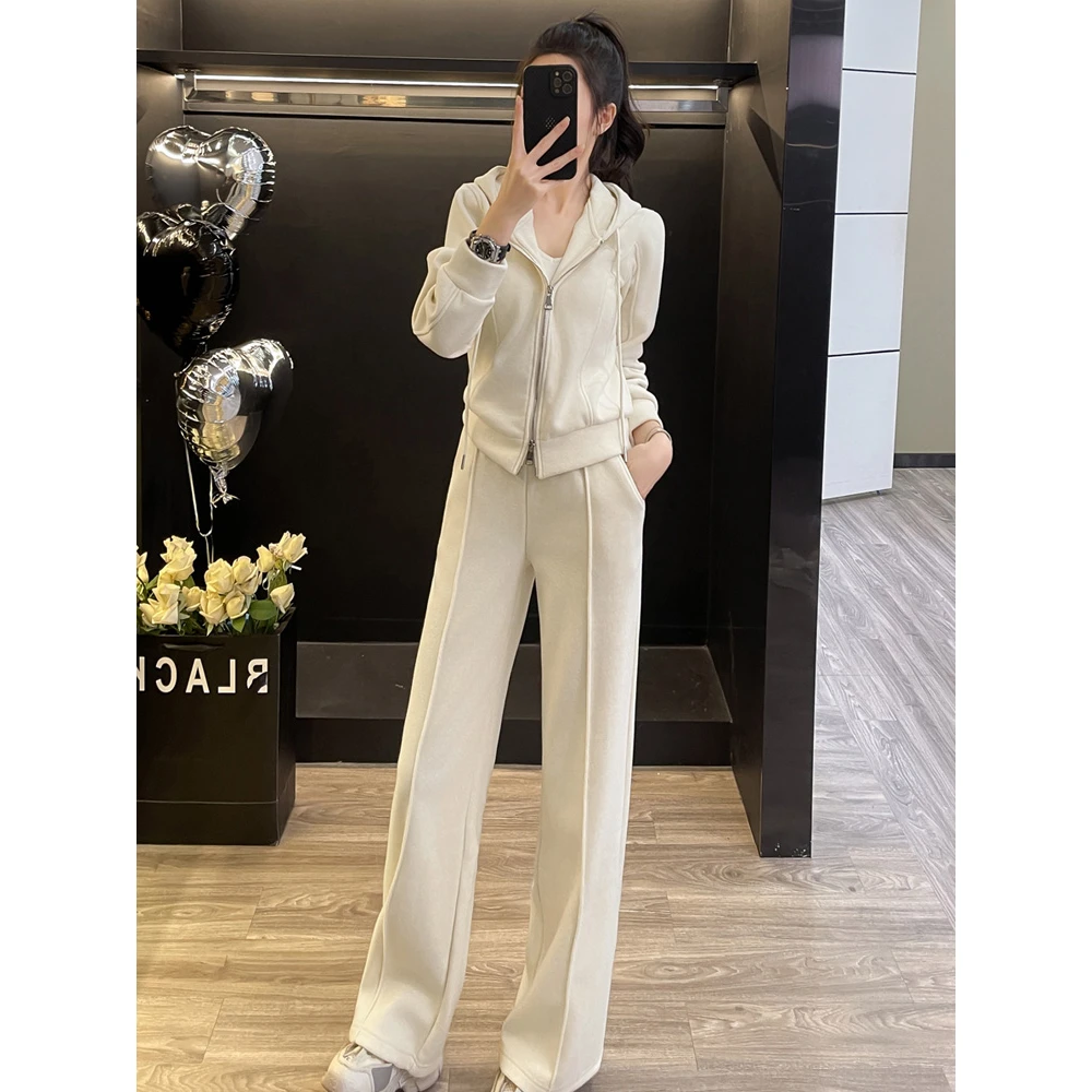 高级感盐系休闲运动套装女秋冬加绒洋气灰色连帽卫衣阔腿裤两件套
