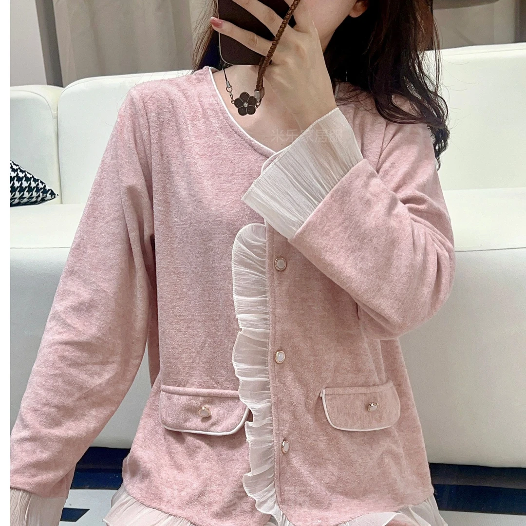 秋冬新款蛋白羊绒法式蕾丝小仙女长袖套装