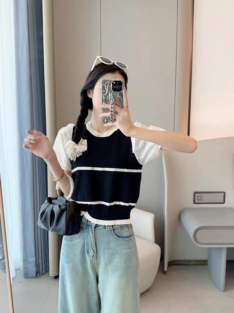 法式条纹镂空提花冰丝针织衫女夏洋气减龄休闲短袖上衣