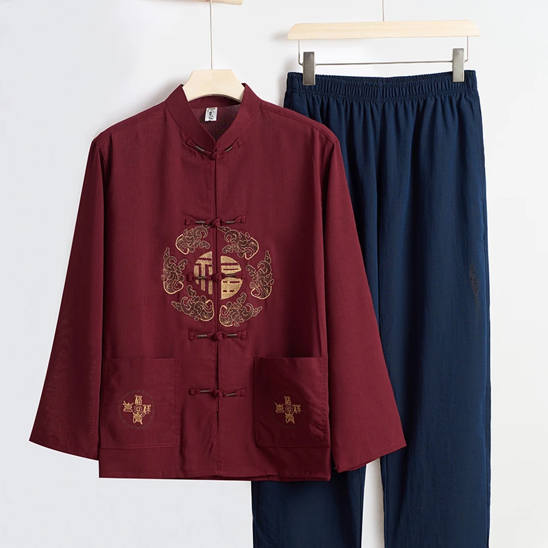 爸爸春秋长袖衬衫两件套装中老年宽松唐装男中国风寿星礼服爷爷装