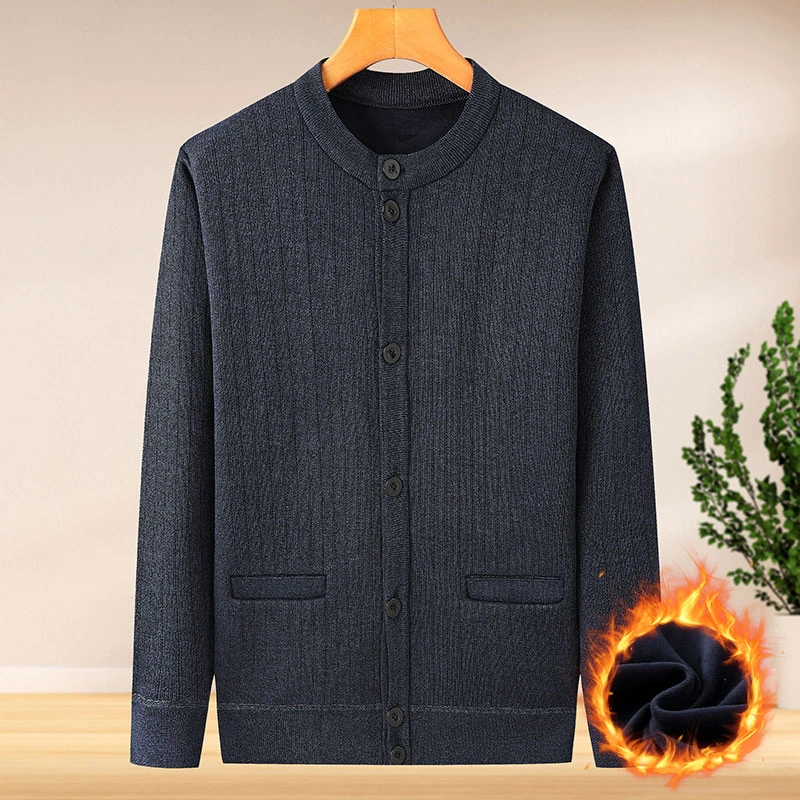 中老年人秋冬季加绒加厚针织男士开衫爸爸装毛衣休闲宽松圆领外套