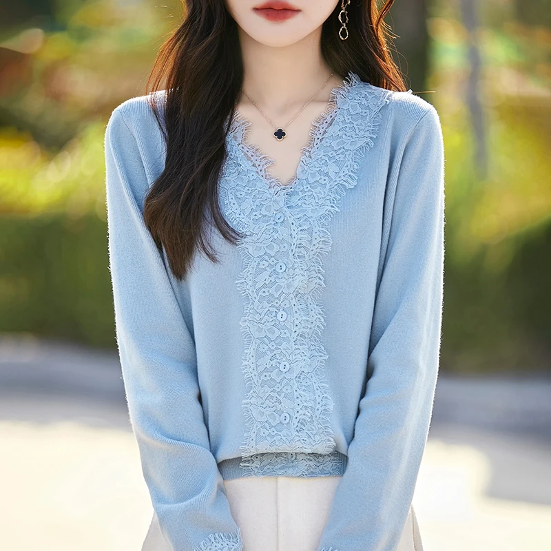 法式温柔蕾丝拼接V领针织内搭女韩系软糯气质修身显瘦打底衫毛衣