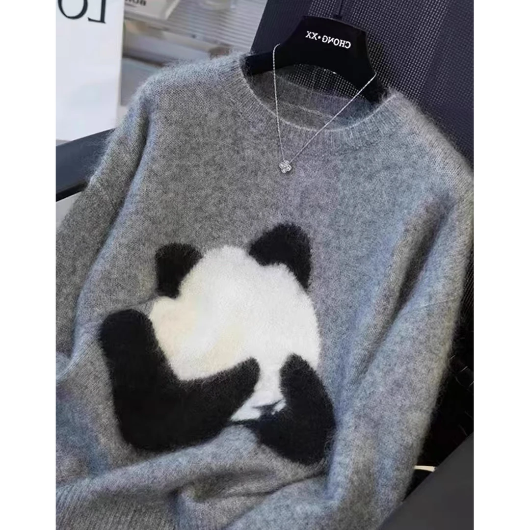 秋冬款圆领羊绒衫女宽松熊猫提花软糯针织打底衫内搭时尚毛衣外穿