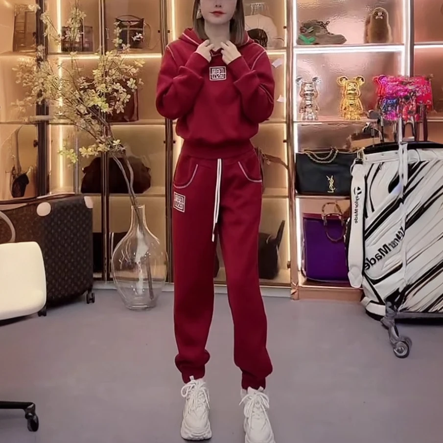 休闲卫衣套装女春秋新款时尚气质减龄红色运动百搭港风两件套潮