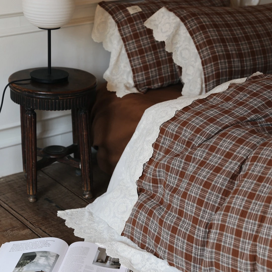 法式复古全棉水洗云绉色织提花棉纱款格子四件套民宿（玛丽莎）