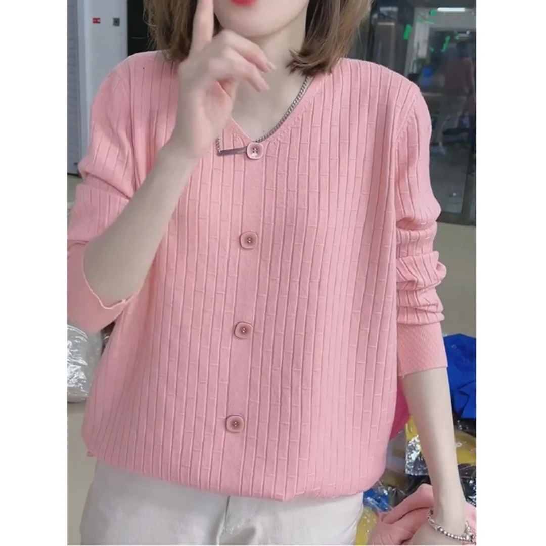 【专柜大码】2024年新款宽松慵懒风V领针织衫春季穿搭长袖上衣女