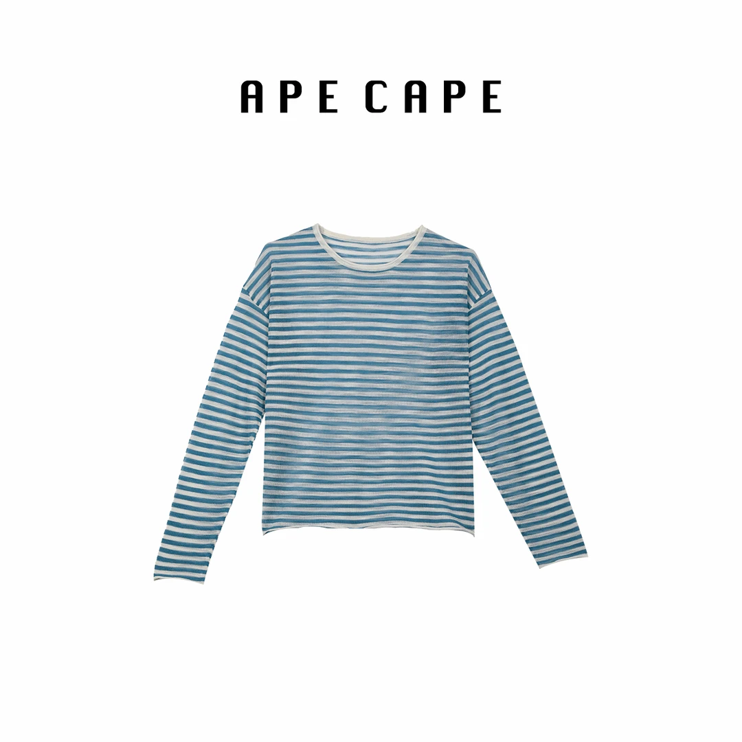 APE CAPE薄如蝉翼 夏季防晒时尚百搭罩衫圆领蓝色针织条纹衫