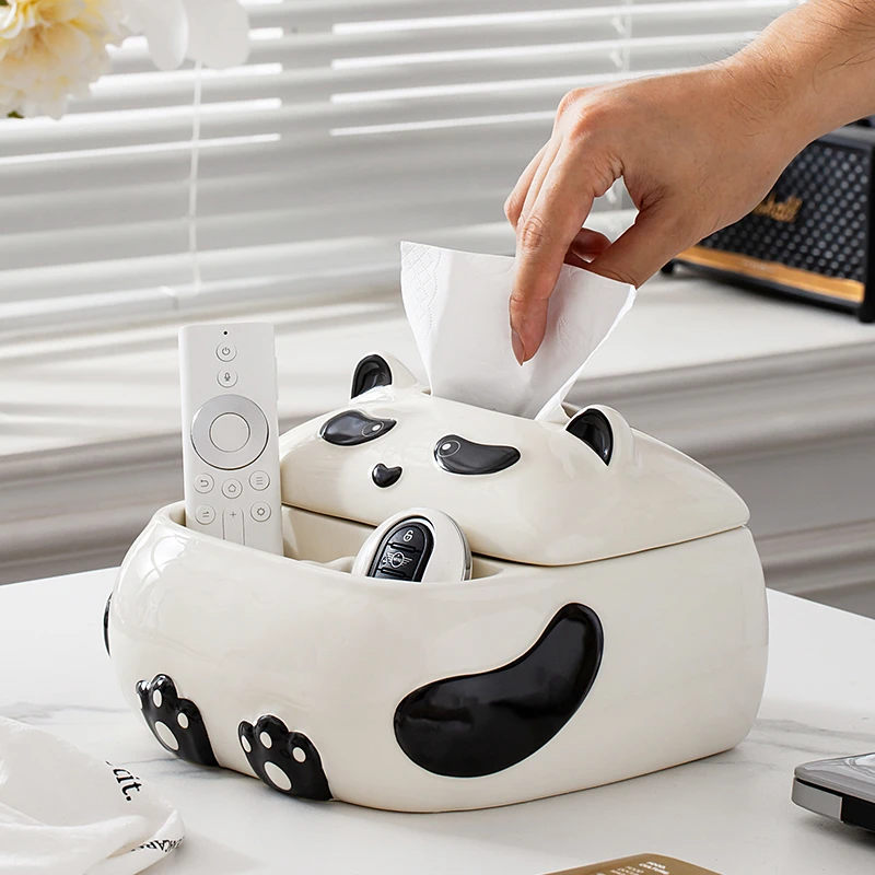 奶油风可爱熊猫陶瓷纸巾盒多功能遥控器收纳盒客厅餐桌卧室抽纸盒