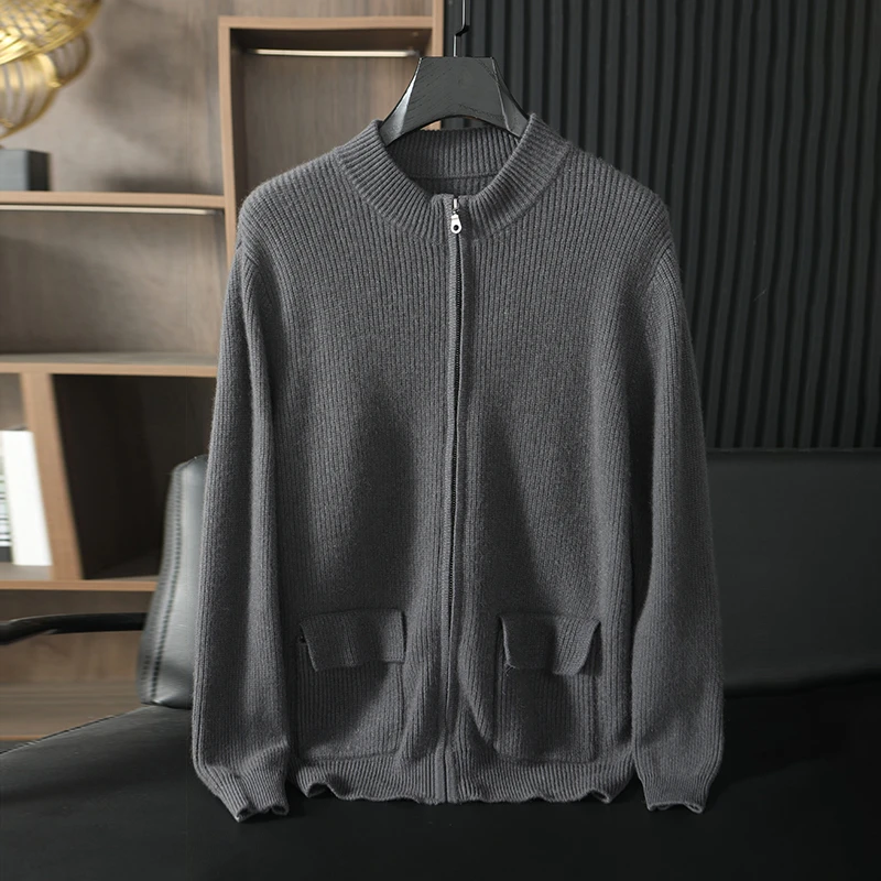 秋冬男士元宝针加厚半高领100%山羊绒开衫休闲商务纯羊绒带兜外套