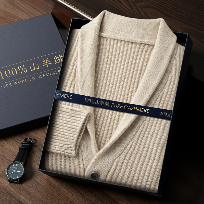 男士五针三股加厚100%山羊绒开衫休闲商务青果领元宝针山羊绒外套