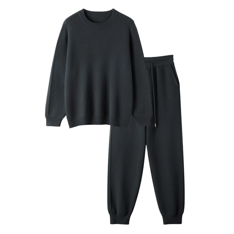 新款男士重磅三股四平加厚100%山羊绒套装宽松休闲纯羊绒羊绒衫