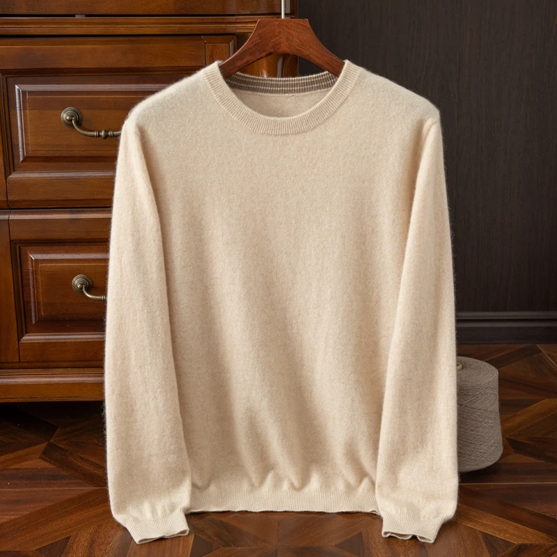 秋冬男士拼色圆领100%山羊绒衫商务休闲套头纯羊绒毛衣简约针织衫