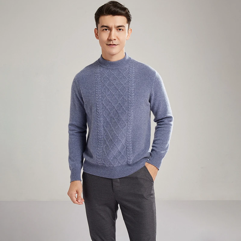新款男士双股加厚提花圆领100%山羊绒衫休闲商务套头纯羊绒衫毛衣