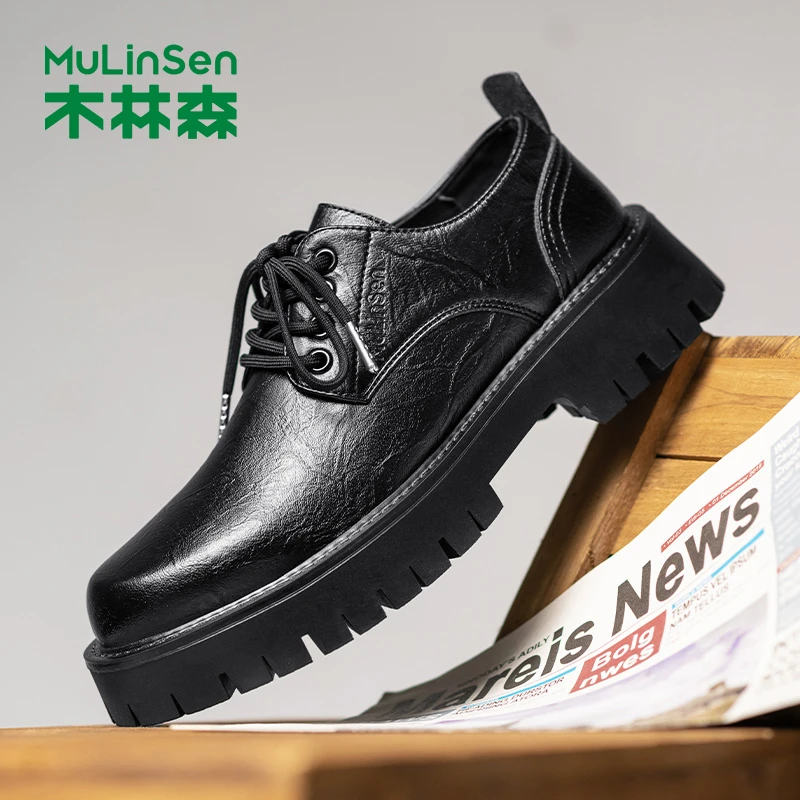 木林森新款男士皮鞋百搭黑色商务上班工作潮流系带秋季英伦风厚底