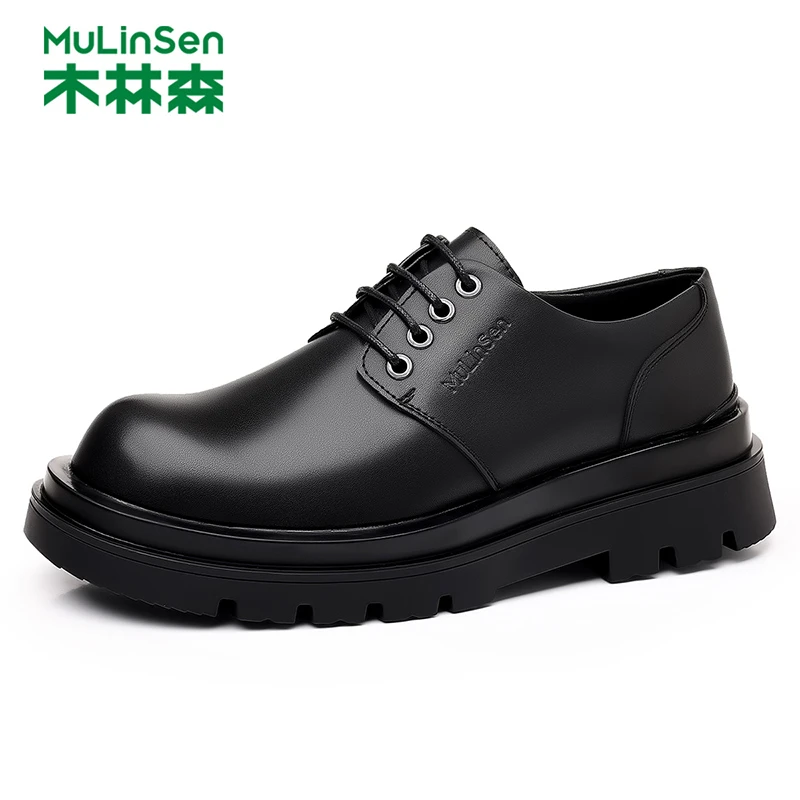木林森皮鞋休闲皮鞋百搭男士厚底工装时尚潮流英伦风圆头透气商务