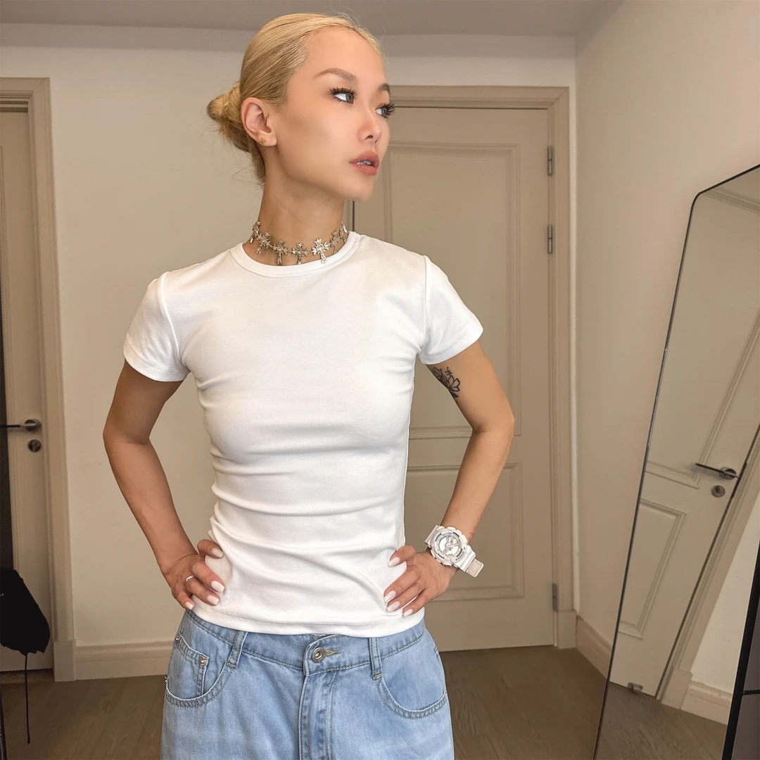 欧美街拍基础款百搭内搭外穿修身显瘦圆领正肩运动短袖T恤3040