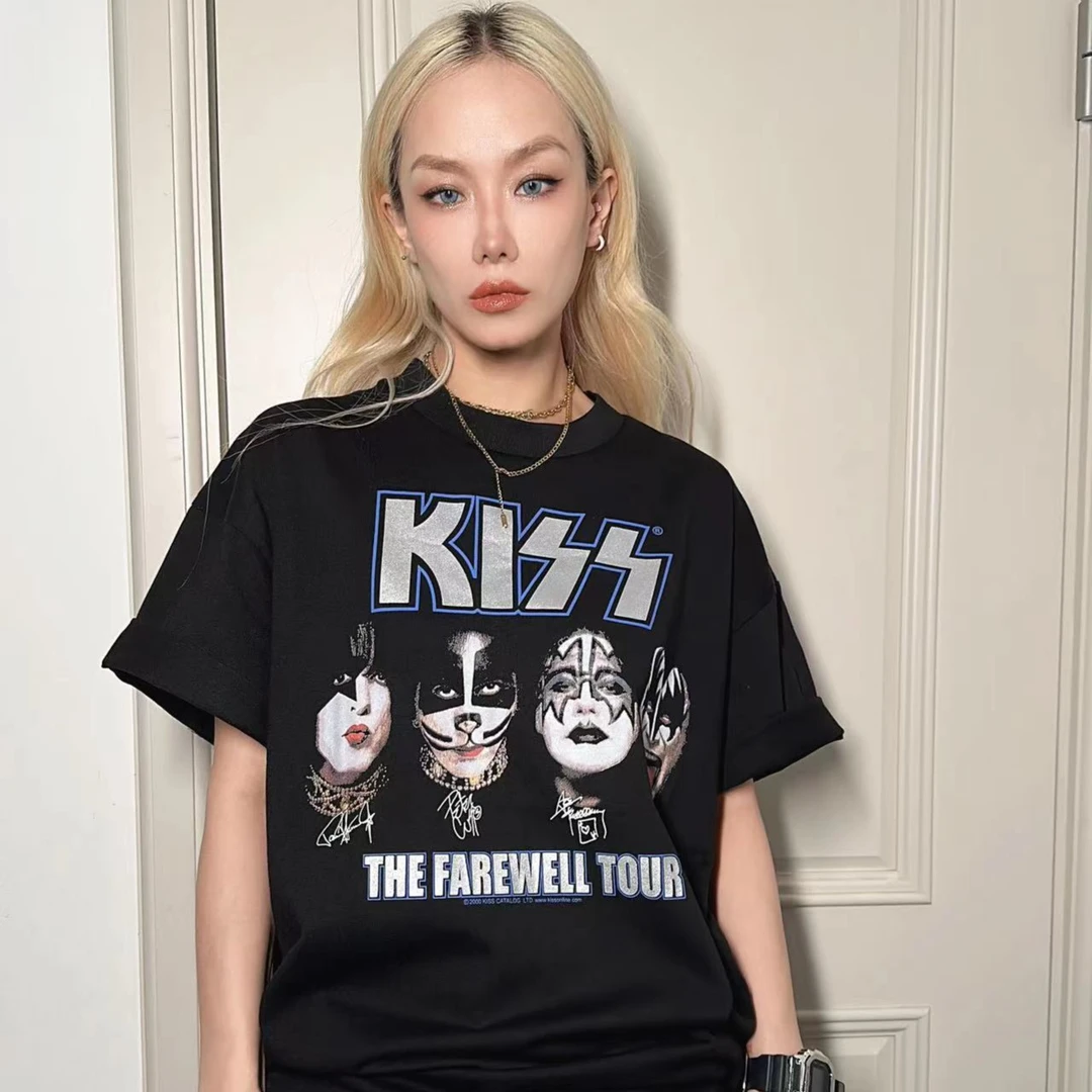 男女款夏季欧美街拍休闲复古宽松摇滚乐队KISS印花短袖T恤3901