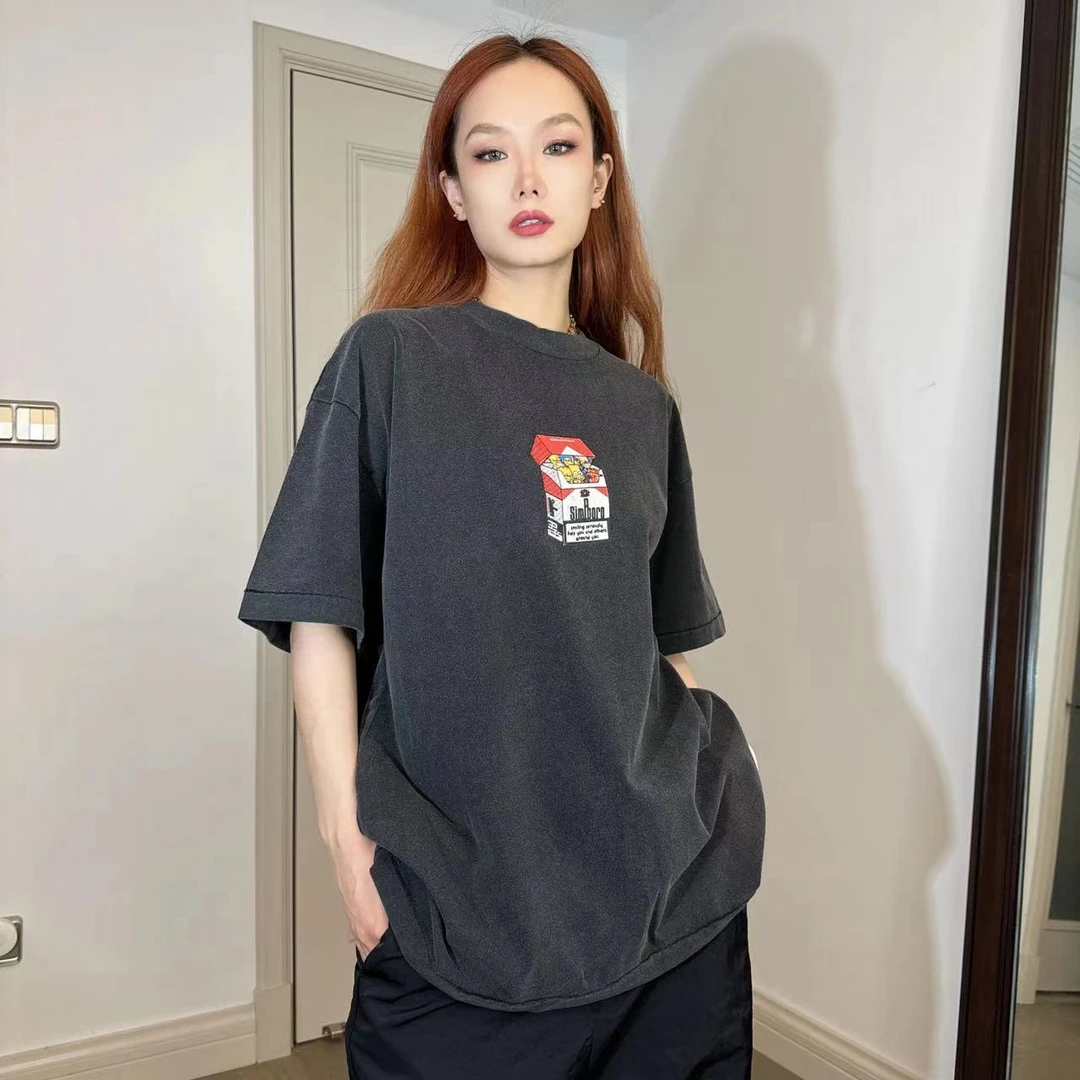 男女款夏季欧美街拍个性小众万宝路辛普森烟盒复古短袖T恤E5005