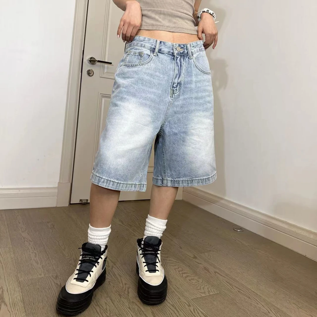 男女同款欧美街拍夏季复古基础嘻哈宽松水洗磨白五分牛仔短裤503