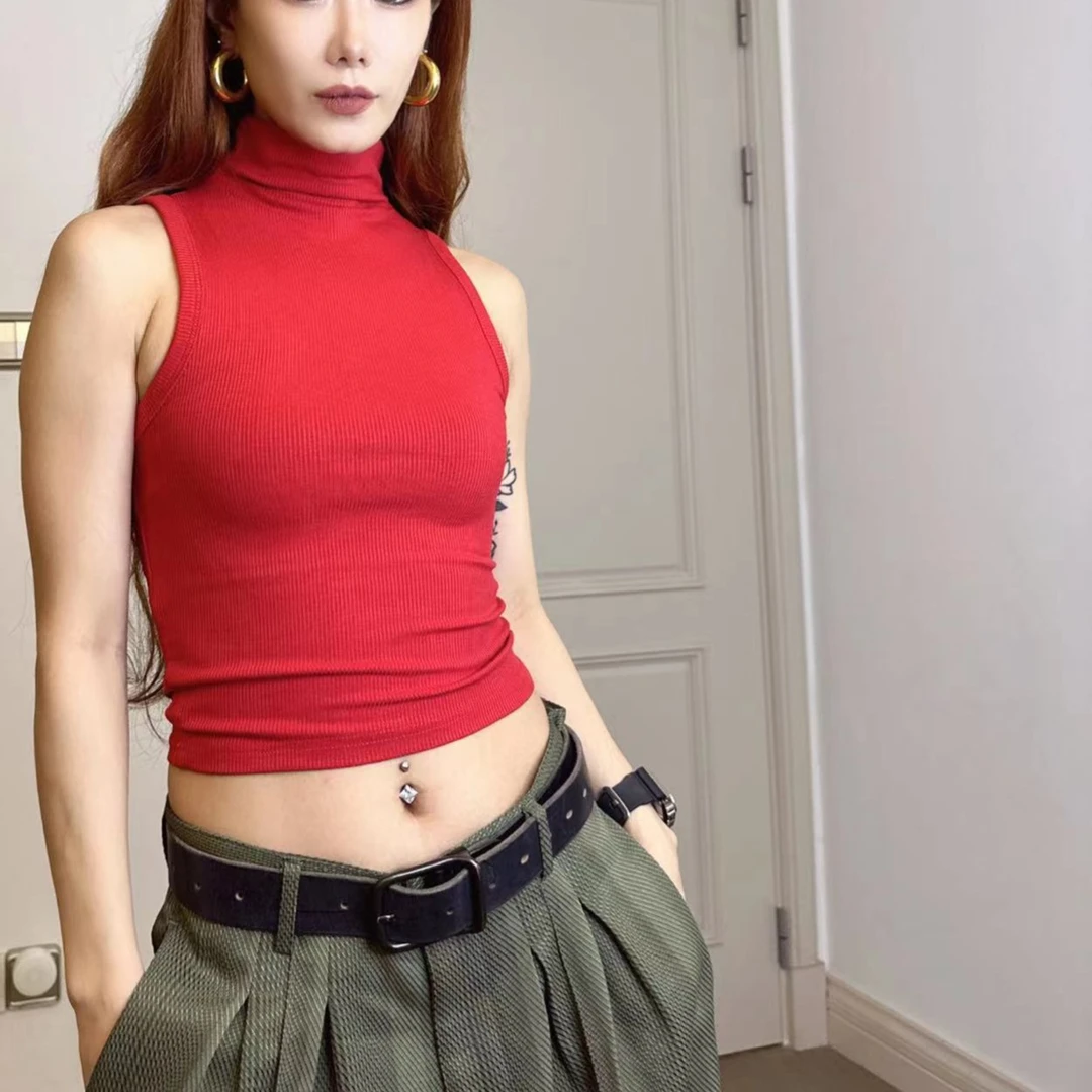 欧美风辣妹高领时尚高腰显瘦外穿无袖背心包边弹力打底衫1283