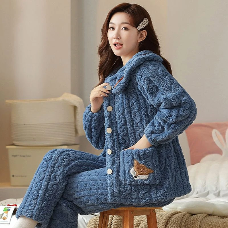 冬季睡衣女加厚珊瑚绒2023新款韩版甜美秋冬款加绒保暖女士家居服