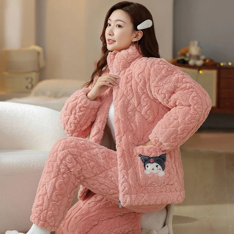 睡衣女冬季加厚加绒三层夹棉保暖珊瑚绒秋冬款拉链立领女士家居服
