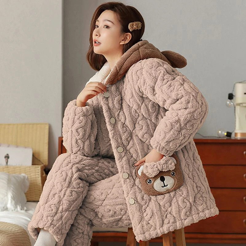 夹棉睡衣女冬季三层加厚加绒珊瑚绒保暖秋冬款女士连帽家居服套装