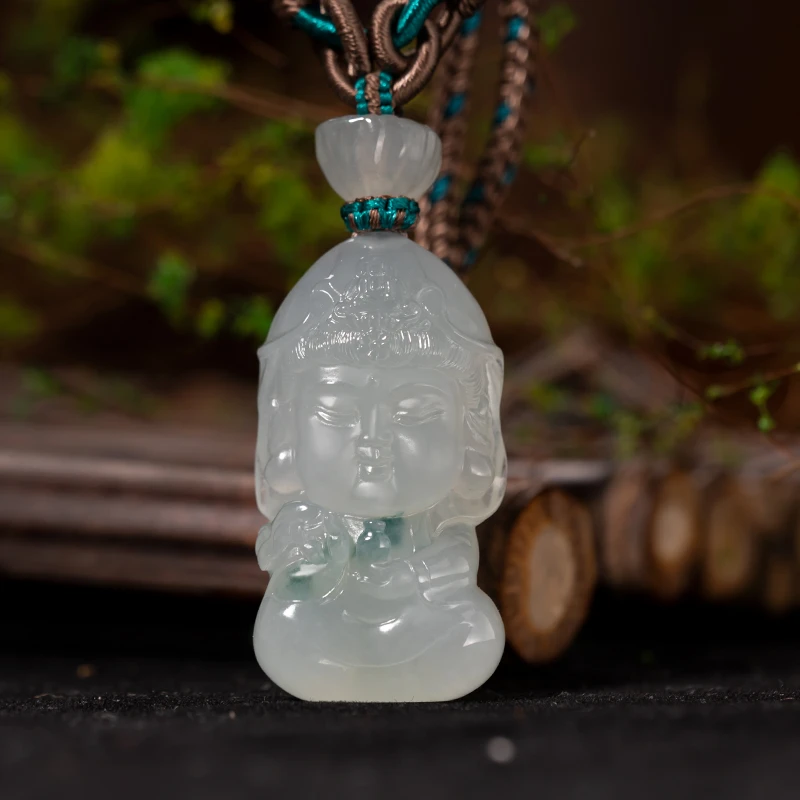 盈福翠【手工雕刻】天然缅甸翡翠冰种飘花男士观音吊坠女款玉石挂件