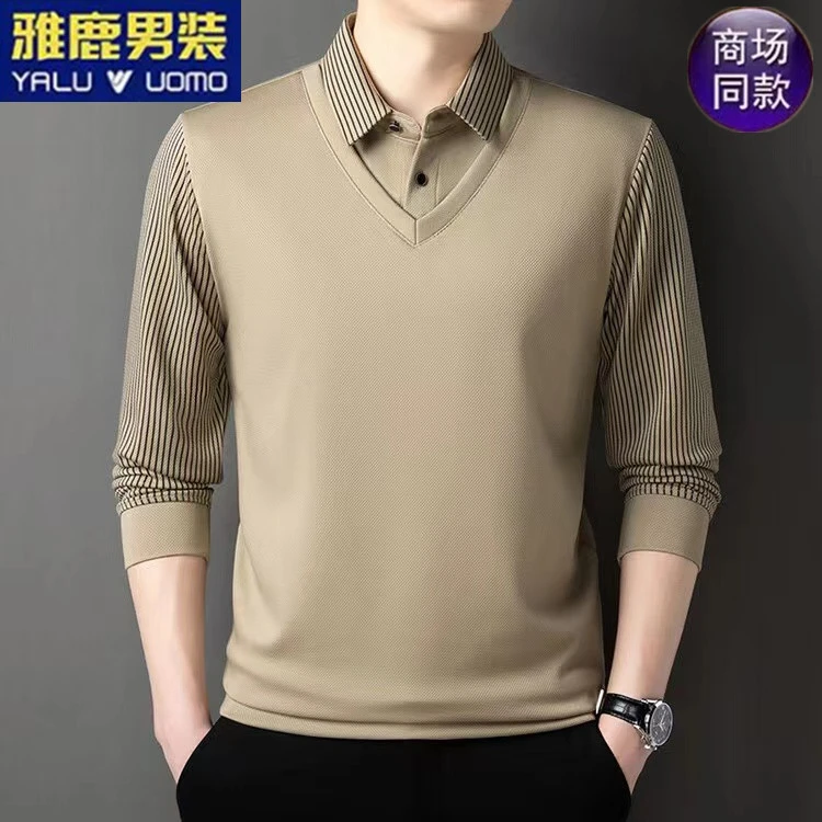 雅鹿男装秋季中青年长袖T恤薄款假两件套上衣休闲舒适透气polo衫