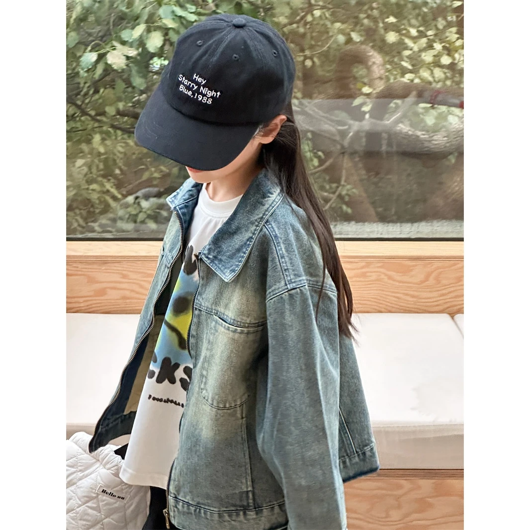 in 爱：mx韩版儿童复古牛仔外套男女童做旧翻领牛仔夹克185