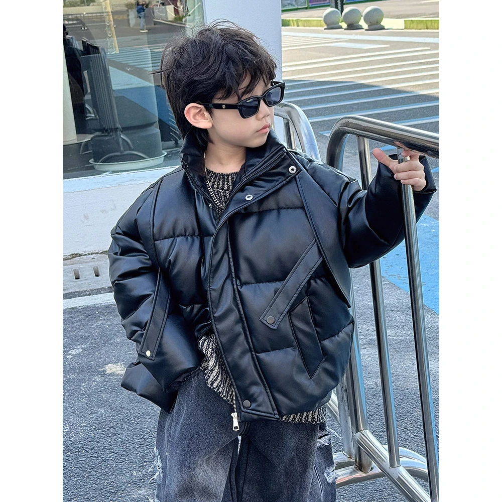 in 爱：qm美式儿童加厚棉衣男童潮牌防风保暖立领皮衣棉服24137