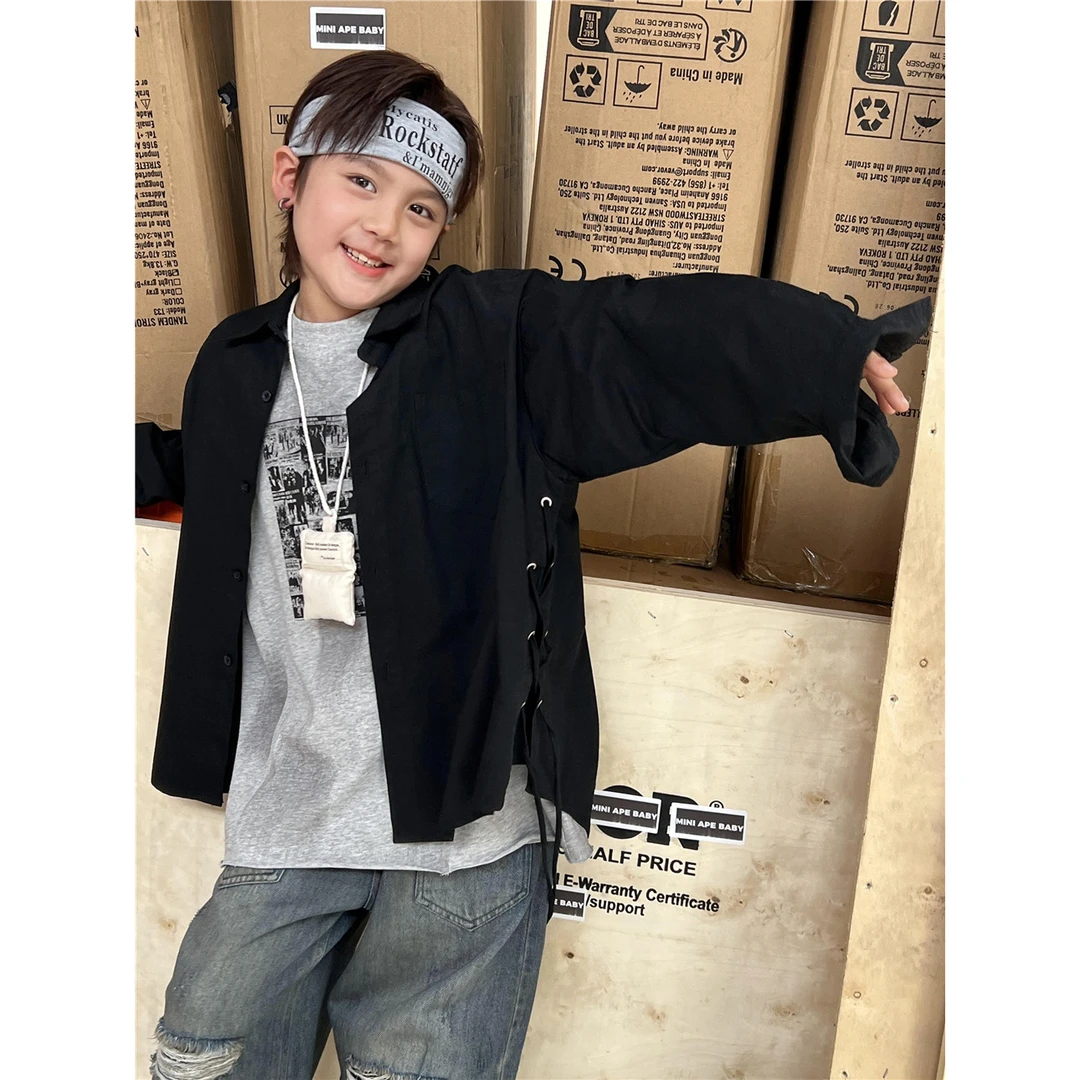 in 爱：sn24秋季儿童黑色酷帅衬衫韩版男女童百搭设计款衬衣7809