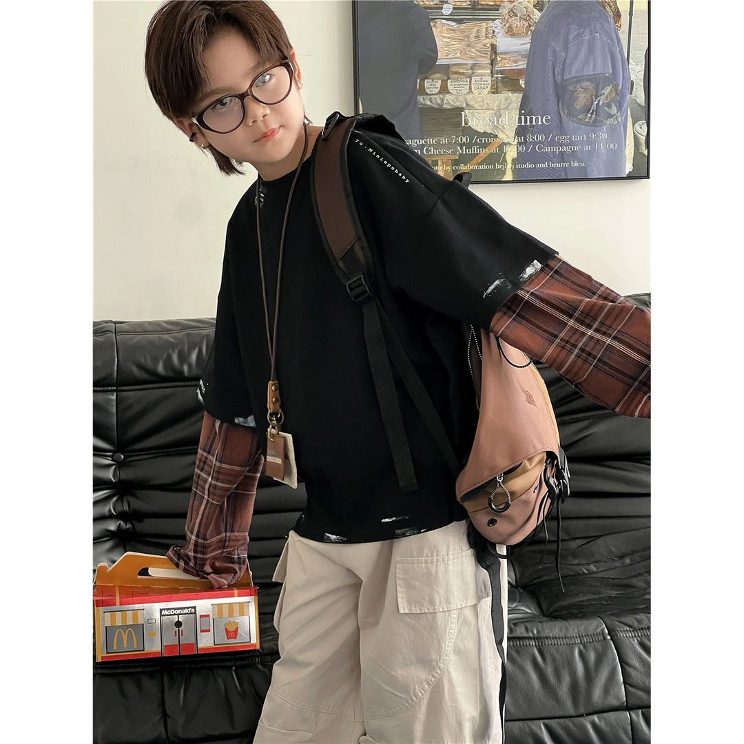 in 爱：sn25春季儿童假两件长袖美式男童拼接手工画漆上衣T恤7796