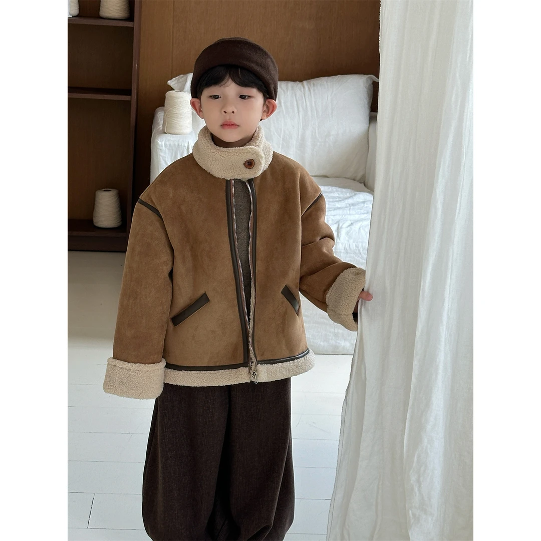 in 爱：nl儿童潮酷皮毛一体加厚外套韩版男童机车厚外套90198