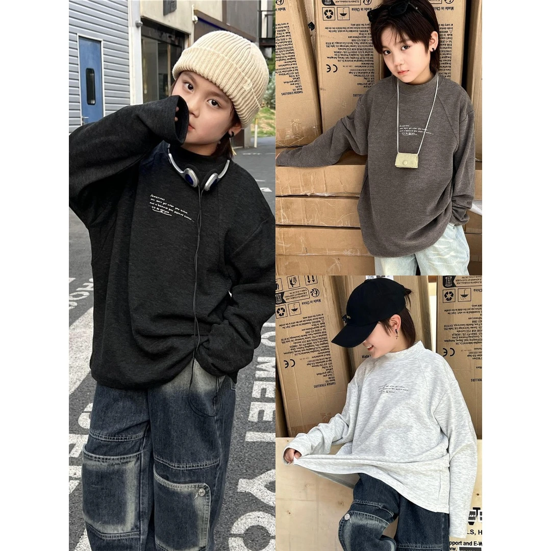 in 爱：sn25秋冬儿童加厚薄绒半高领上衣韩版男童字母打底衫8135